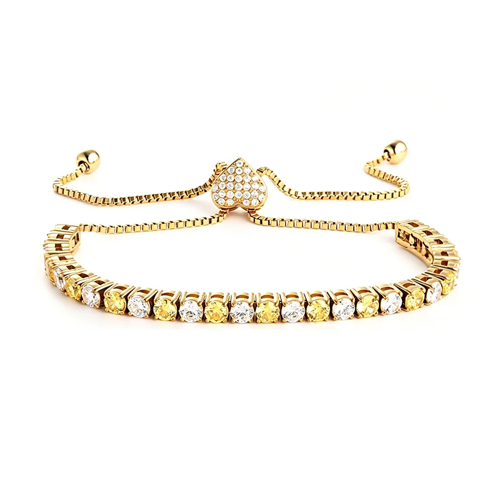Polished 316 Stainless Steel Pavé Slider Tennis Bracelet - mm Gold Heart Slider Yellow White CZ