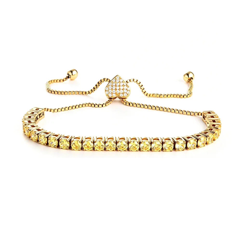 Polished 316 Stainless Steel Pavé Slider Tennis Bracelet - mm Gold Heart Slider Yellow CZ