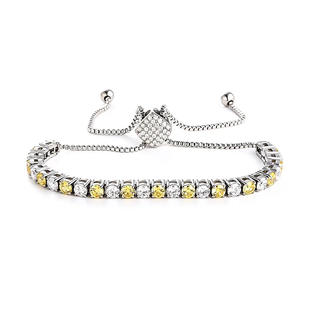 Polished 316 Stainless Steel Pavé Slider Tennis Bracelet - mm Silver Square Slider Yellow White CZ