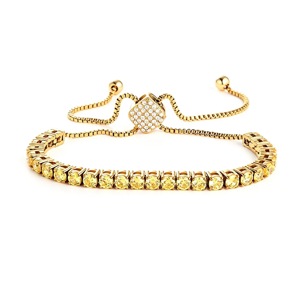 Polished 316 Stainless Steel Pavé Slider Tennis Bracelet - mm Gold Square Slider Yellow CZ