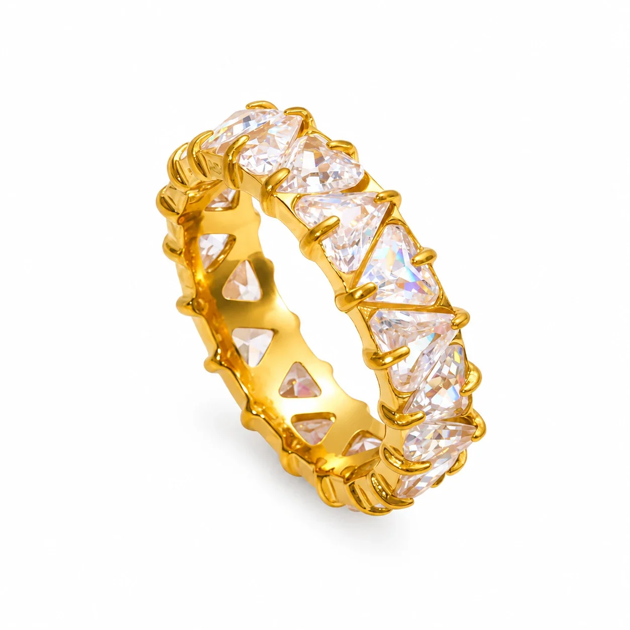 Stainless Steel Ring with All-Around Triangle Crystals - Gold Clear Crystal