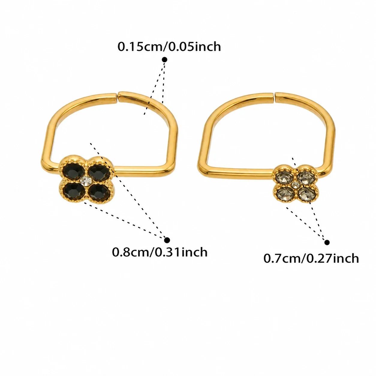 Playful Clover CZ 316L Stainless Steel Double-Band Ring - Gold Large Black CZ + Small Gray CZ