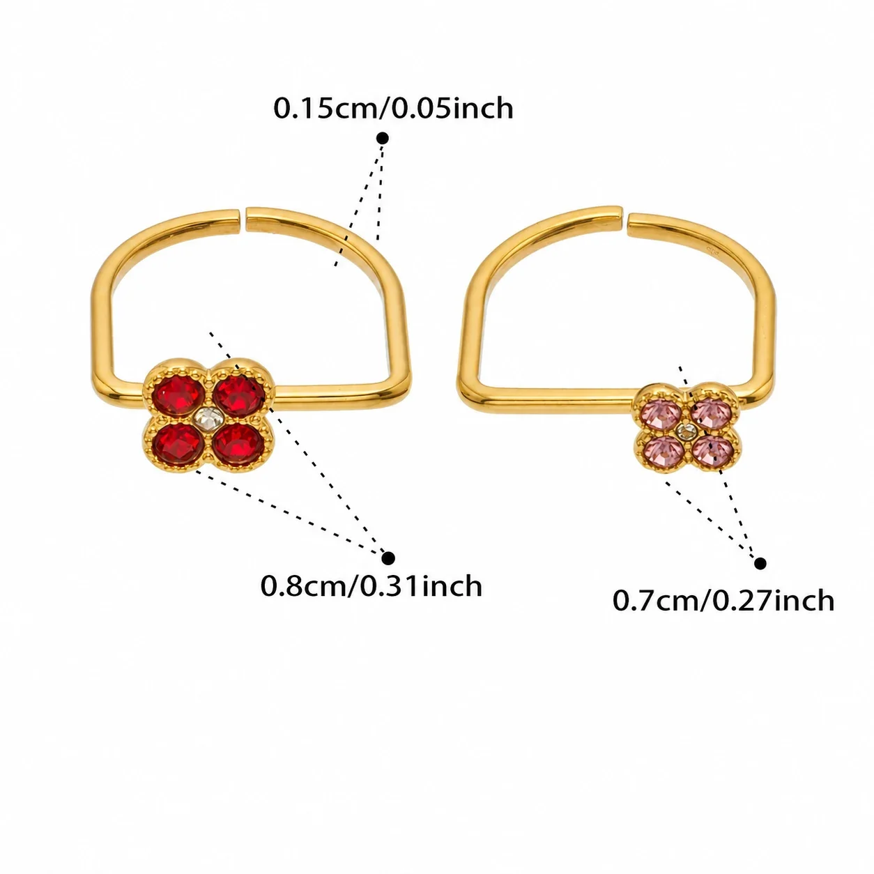Playful Clover CZ 316L Stainless Steel Double-Band Ring - Gold Large Red CZ + Small Pink CZ