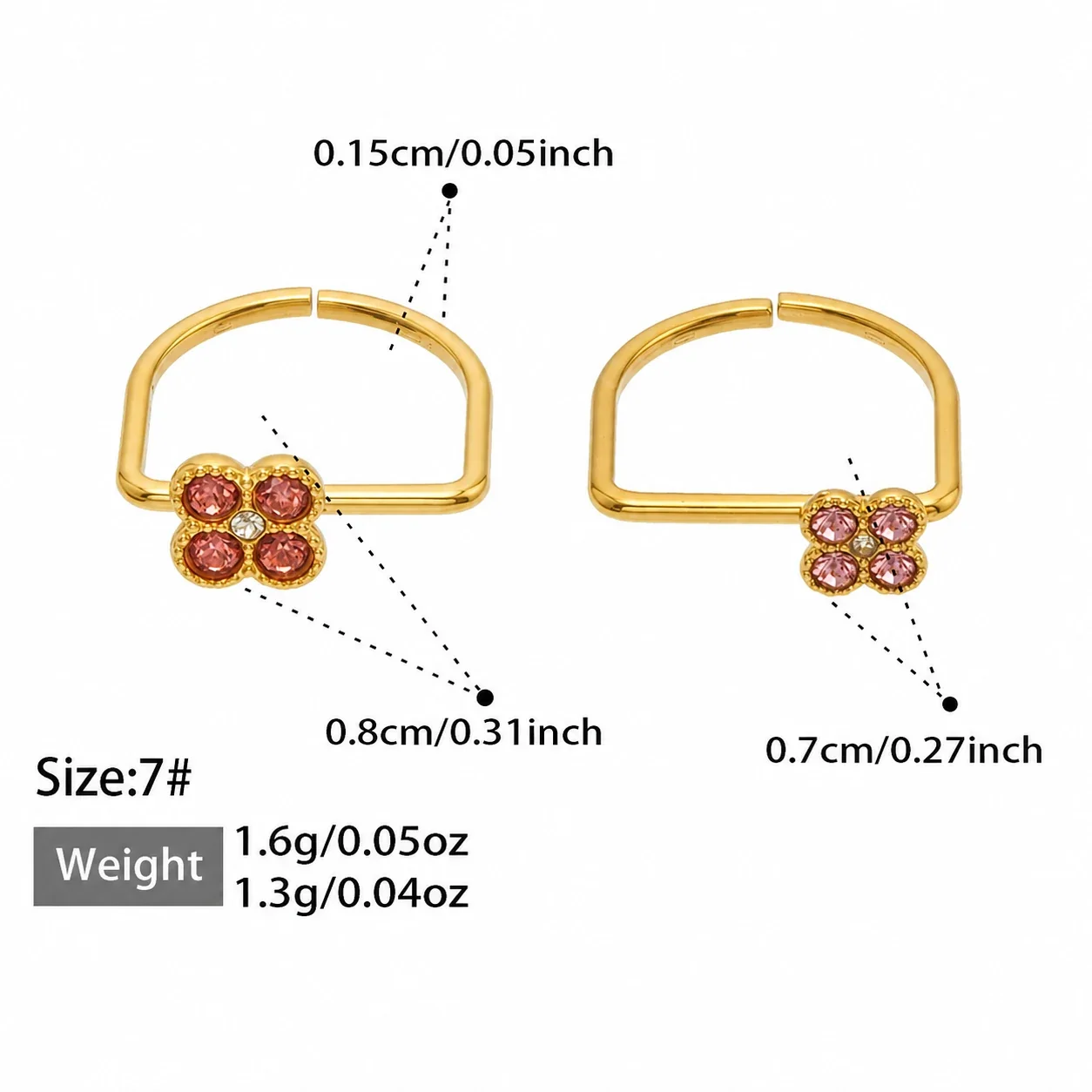 Playful Clover CZ 316L Stainless Steel Double-Band Ring - Gold Large Fuchsia CZ + Small Pink CZ