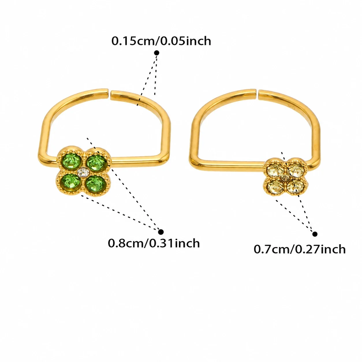 Playful Clover CZ 316L Stainless Steel Double-Band Ring - Gold Large Light Green CZ + Small Yellow CZ