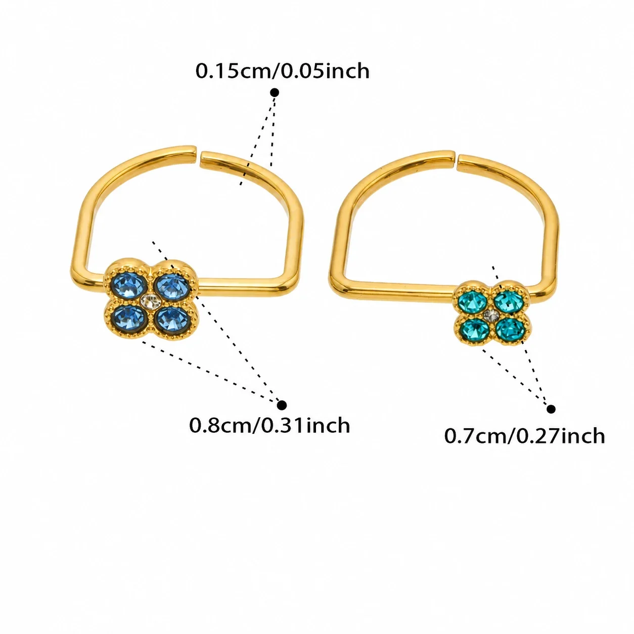 Playful Clover CZ 316L Stainless Steel Double-Band Ring - Gold Large Deep Blue CZ + Small Light Blue CZ
