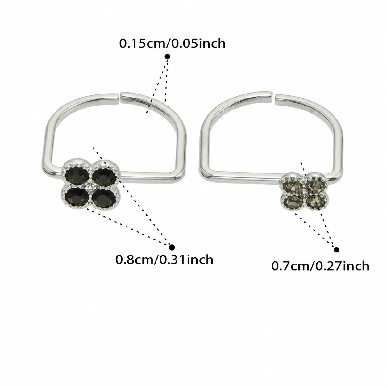 Playful Clover CZ 316L Stainless Steel Double-Band Ring - Silver Large Black CZ + Small Gray CZ