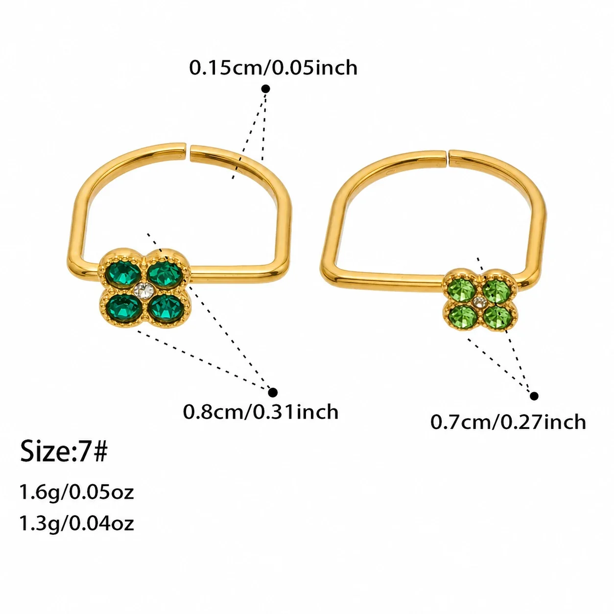 Playful Clover CZ 316L Stainless Steel Double-Band Ring - Gold Large Deep Green CZ + Small Light Green CZ