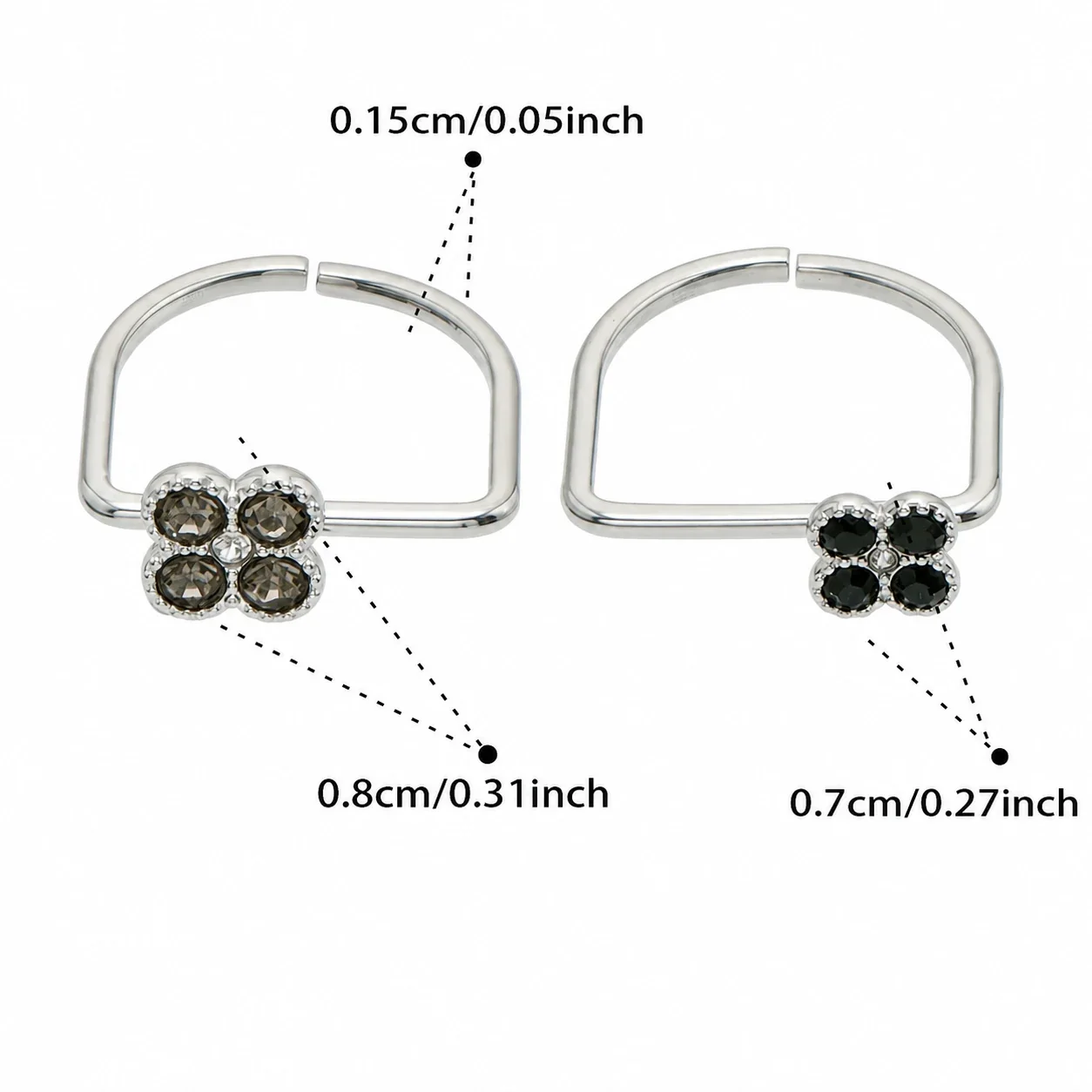 Playful Clover CZ 316L Stainless Steel Double-Band Ring - Silver Large Gray CZ + Small Black CZ