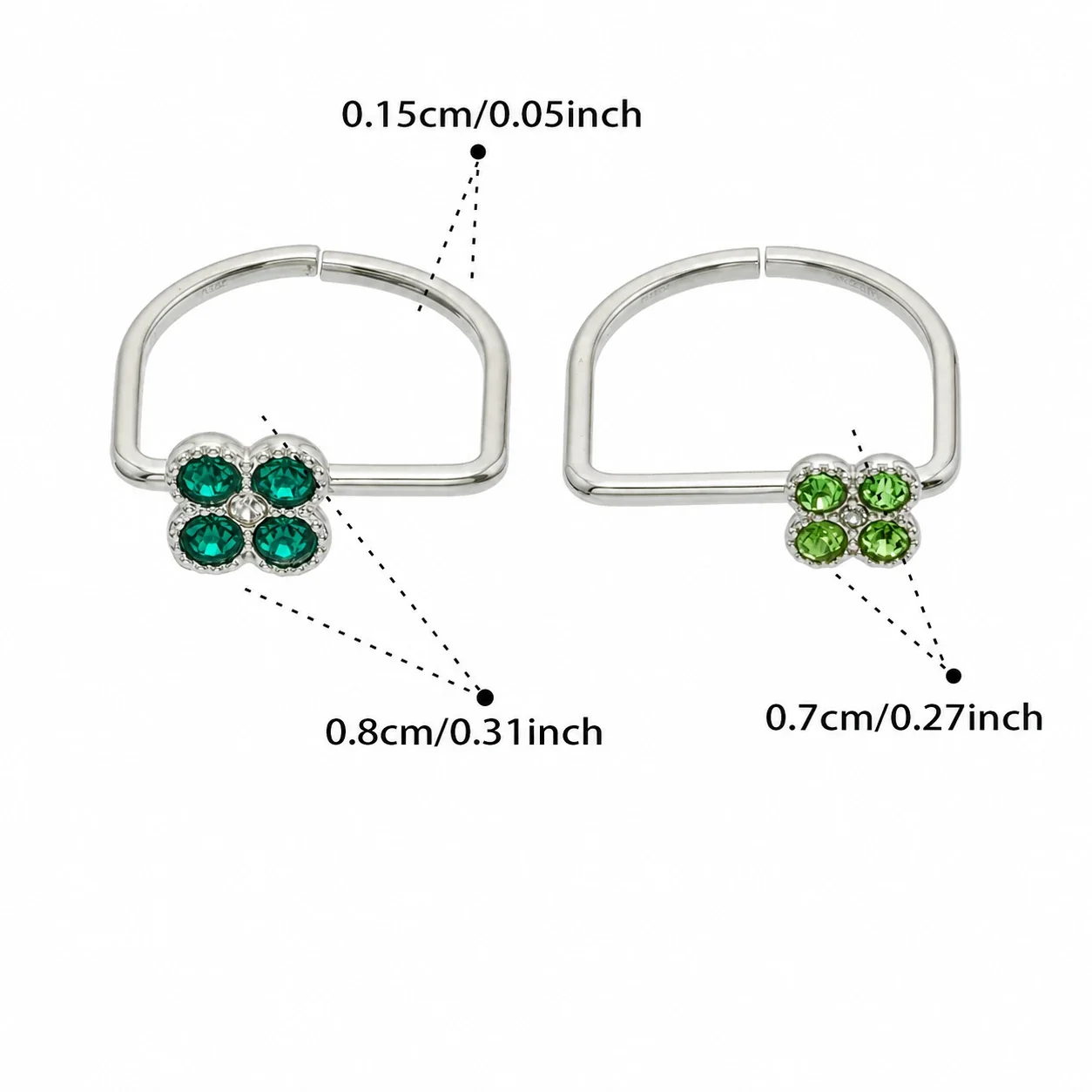 Playful Clover CZ 316L Stainless Steel Double-Band Ring - Silver Large Deep Green CZ + Small Light Green CZ