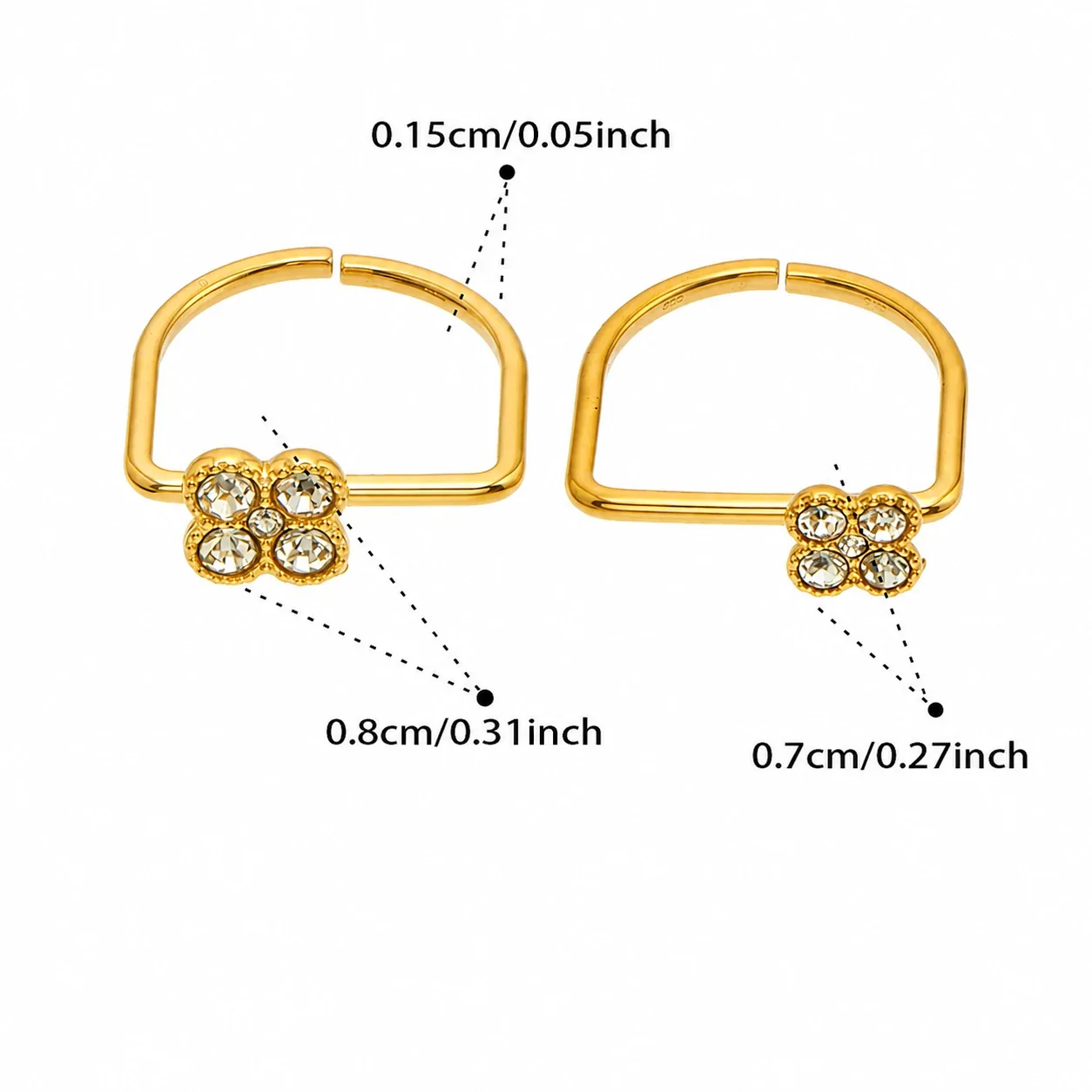 Playful Clover CZ 316L Stainless Steel Double-Band Ring - Gold Large White CZ + Small White CZ