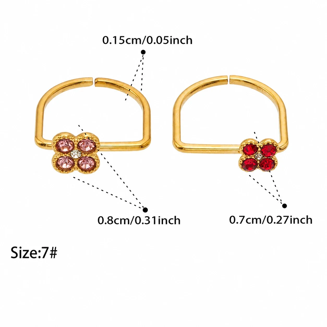 Playful Clover CZ 316L Stainless Steel Double-Band Ring - Gold Large Pink CZ + Small Red CZ