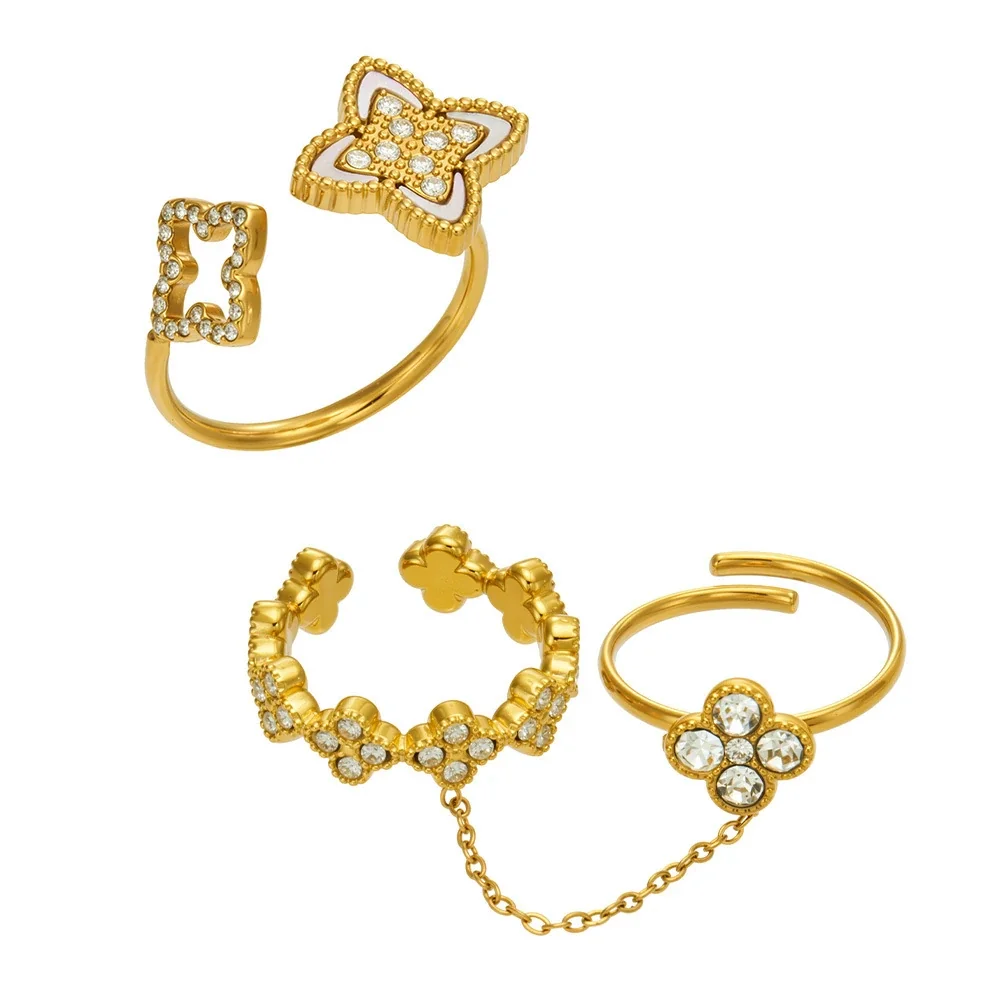 Floral Chain Double Ring in Gold-Plated Stainless Steel