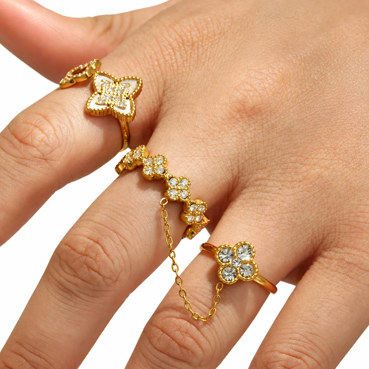 Floral Chain Double Ring in Gold-Plated Stainless Steel