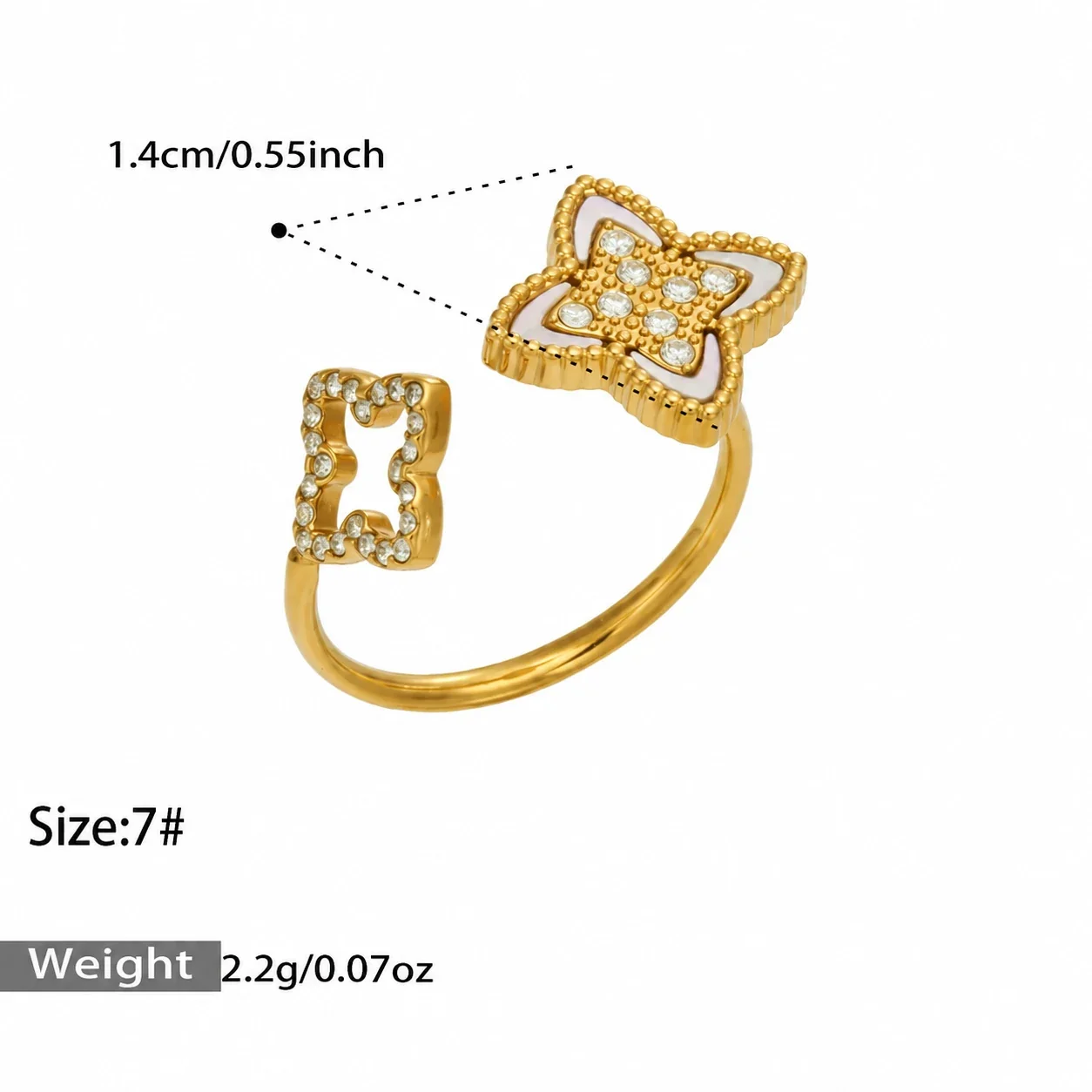 Floral Chain Double Ring in Gold-Plated Stainless Steel - Gold Shell Cubic Zirconia Open