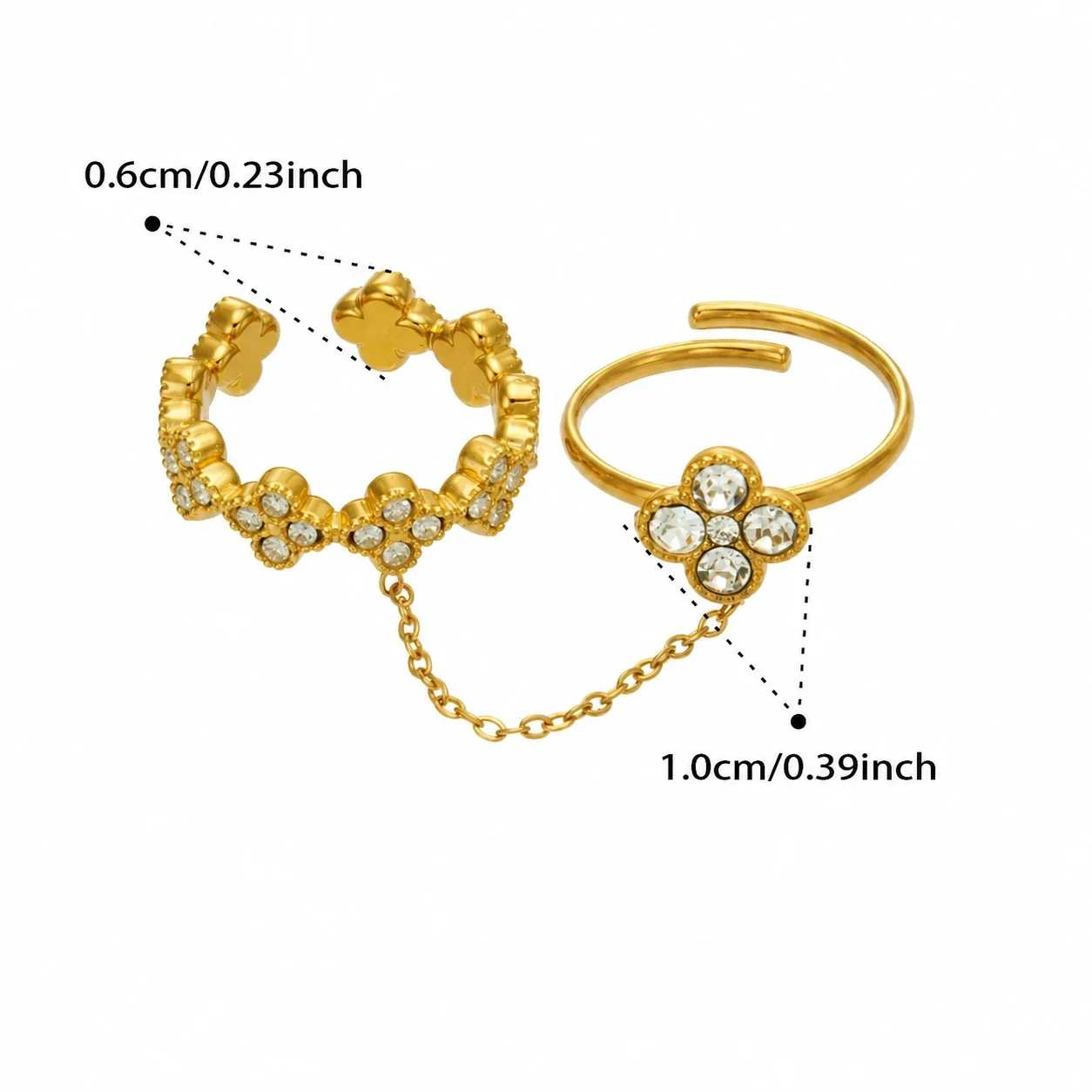 Floral Chain Double Ring in Gold-Plated Stainless Steel - Gold Flower Cubic Zirconia Double
