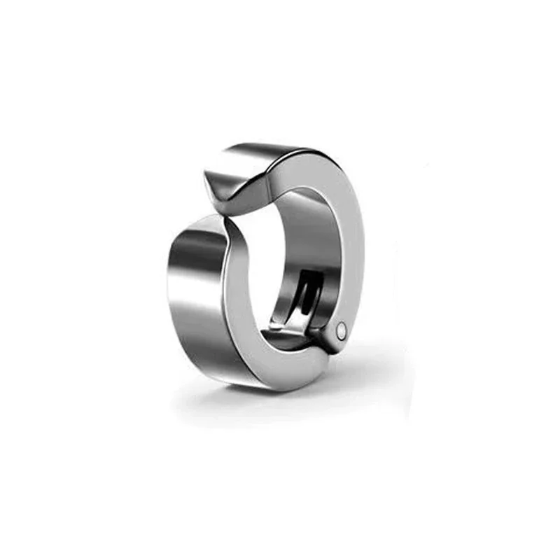 Sleek Stainless Steel Grooved Huggie Earrings - Silver Smooth Clip-On