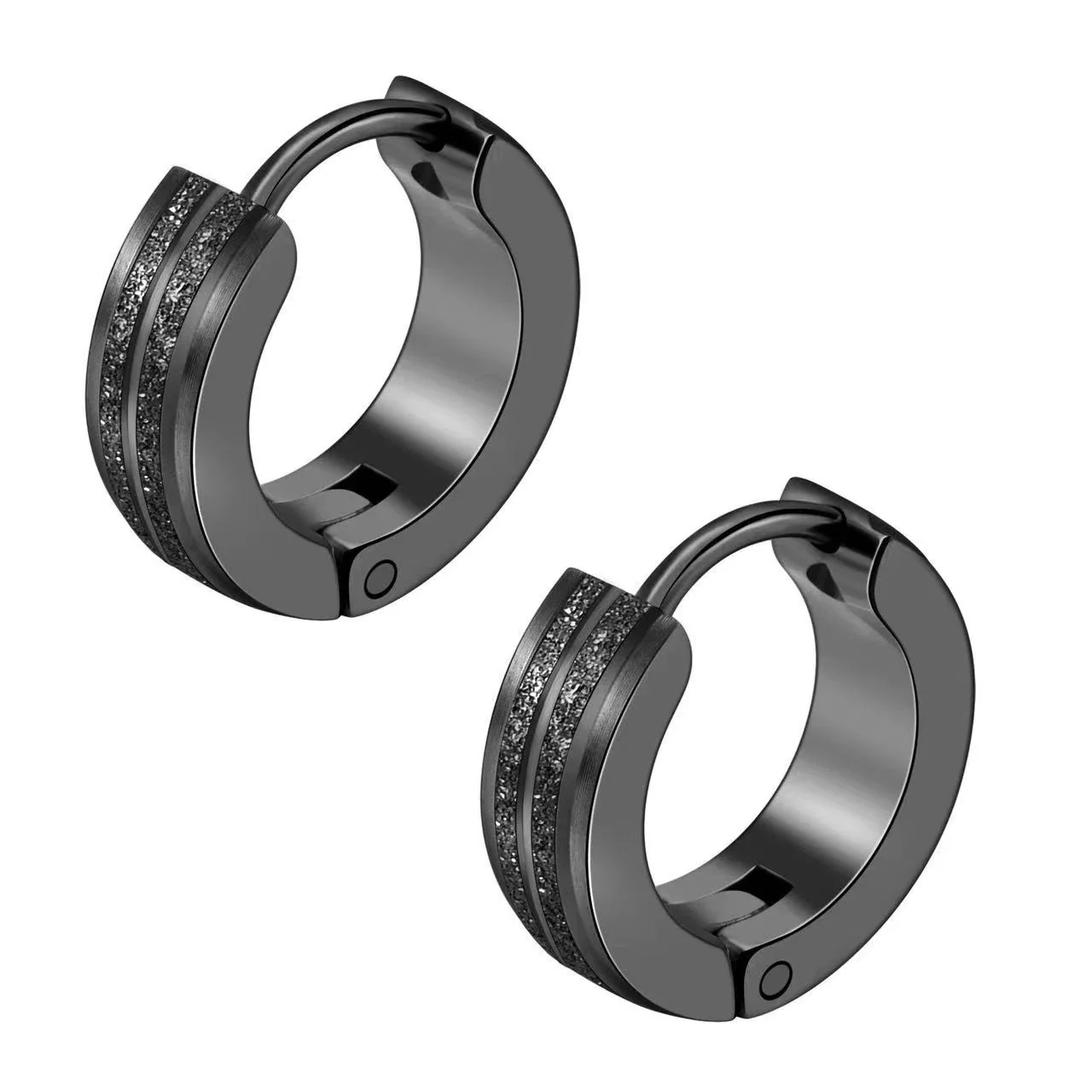 Sleek Stainless Steel Grooved Huggie Earrings - Black Single Stripe Pierced