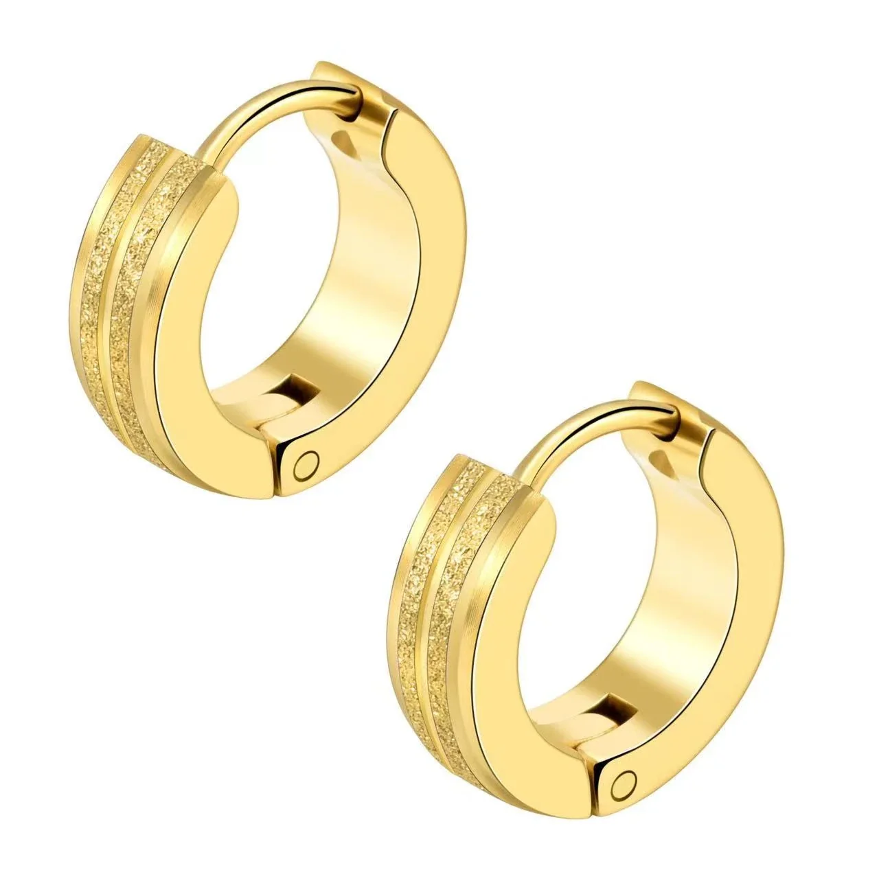 Sleek Stainless Steel Grooved Huggie Earrings - Gold Single Stripe Pierced
