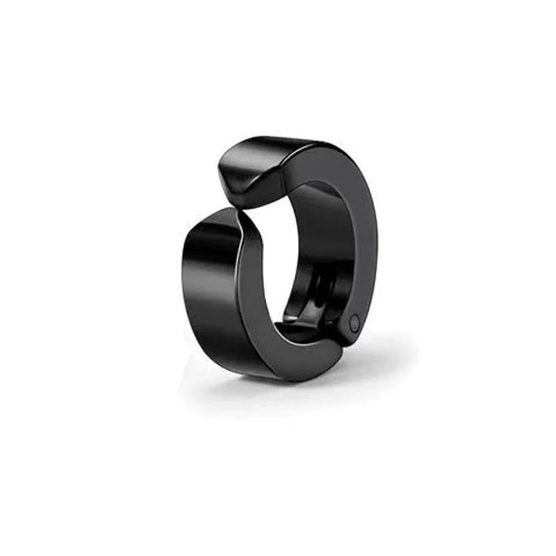 Sleek Stainless Steel Grooved Huggie Earrings - Black Smooth Clip-On