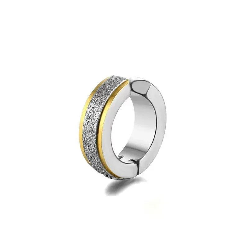 Sleek Stainless Steel Grooved Huggie Earrings - Silver Matte Gold-Edge Clip-On