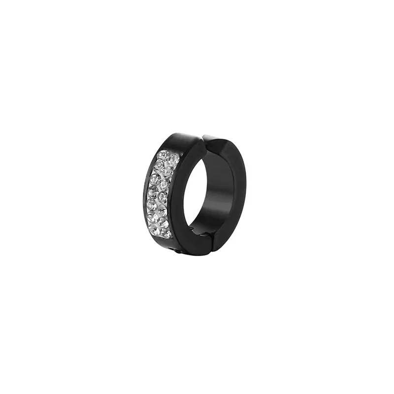 Sleek Stainless Steel Grooved Huggie Earrings - Black Double Crystal Row Clip-On