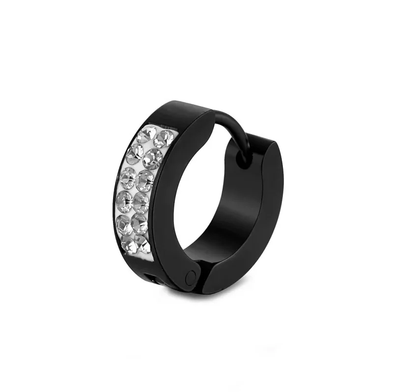 Sleek Stainless Steel Grooved Huggie Earrings - Black Double Crystal Row Pierced