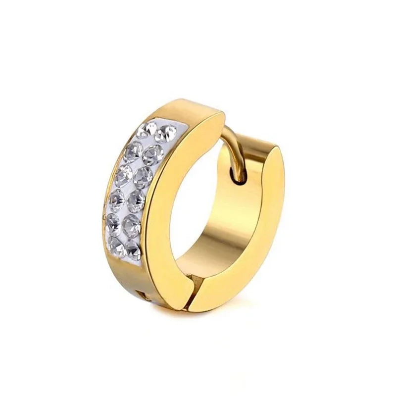 Sleek Stainless Steel Grooved Huggie Earrings - Gold Double Crystal Row Pierced