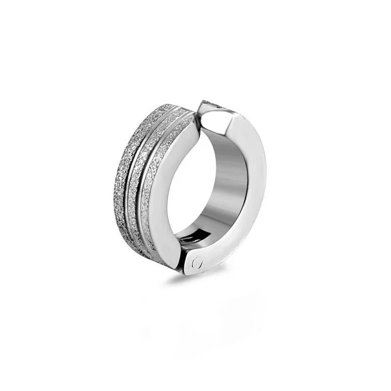Sleek Stainless Steel Grooved Huggie Earrings - Silver Double Stripe Clip-On
