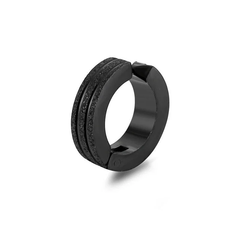 Sleek Stainless Steel Grooved Huggie Earrings - Black Double Stripe Clip-On