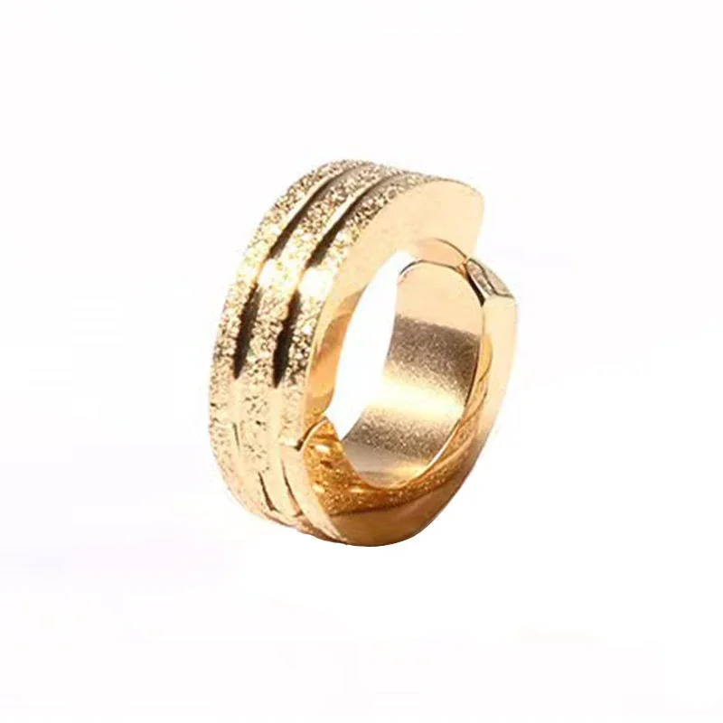 Sleek Stainless Steel Grooved Huggie Earrings - Gold Double Stripe Clip-On