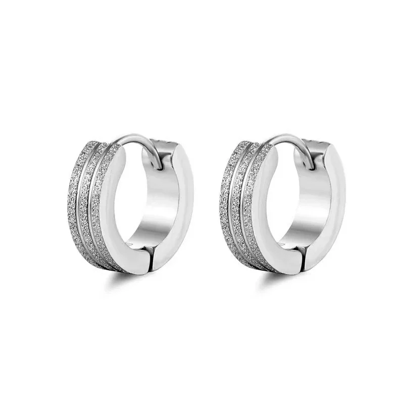 Sleek Stainless Steel Grooved Huggie Earrings - Silver Double Stripe Pierced