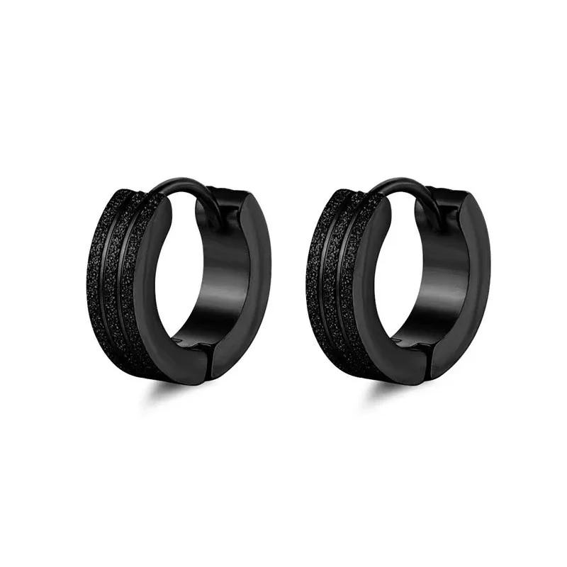 Sleek Stainless Steel Grooved Huggie Earrings - Black Double Stripe Pierced