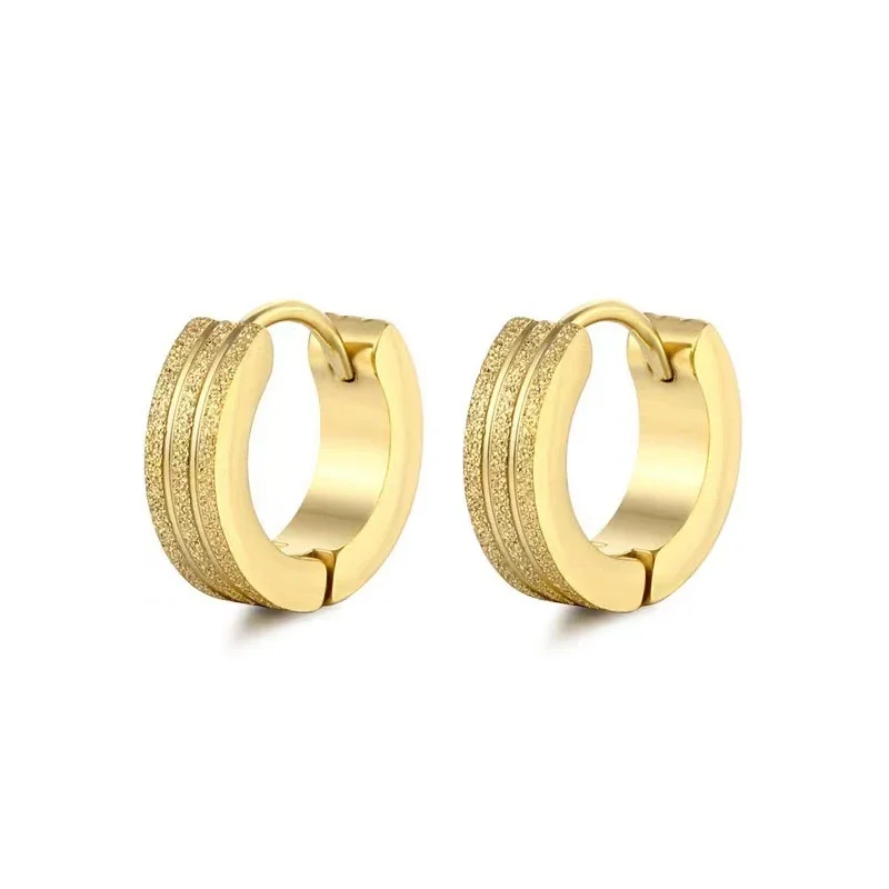 Sleek Stainless Steel Grooved Huggie Earrings - Gold Double Stripe Pierced