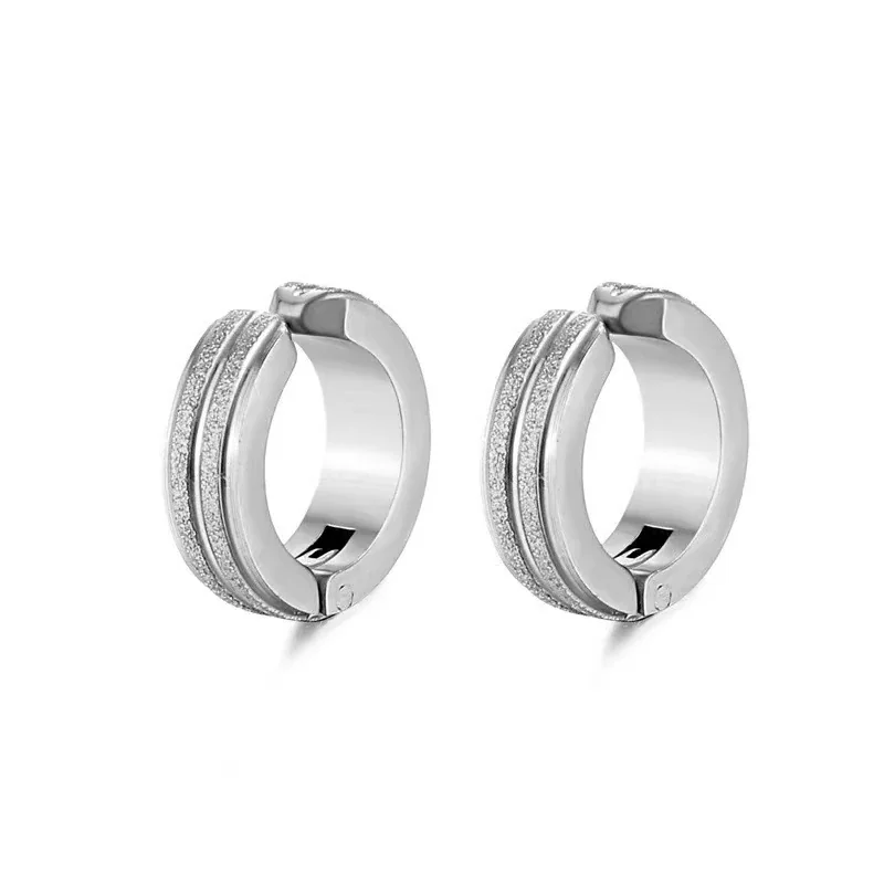 Sleek Stainless Steel Grooved Huggie Earrings - Silver Single Stripe Clip-On