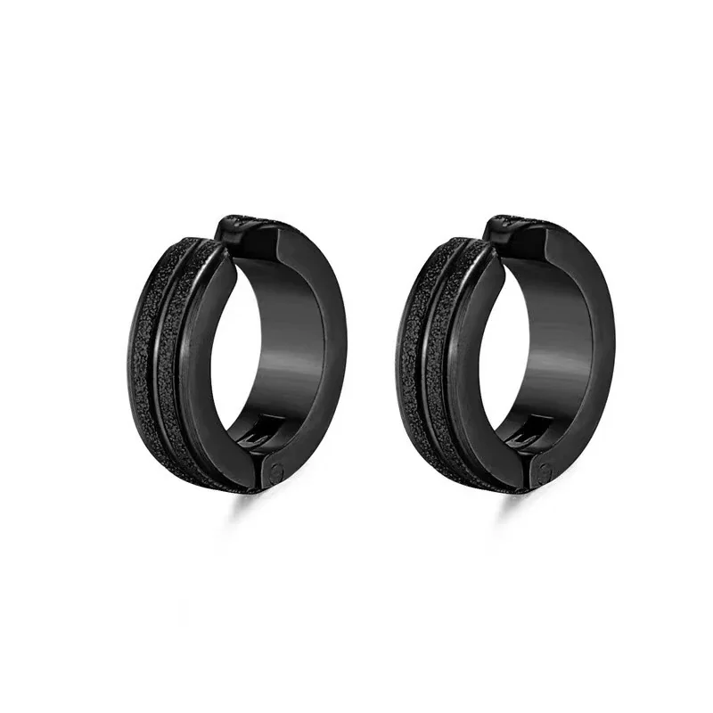 Sleek Stainless Steel Grooved Huggie Earrings - Black Single Stripe Clip-On