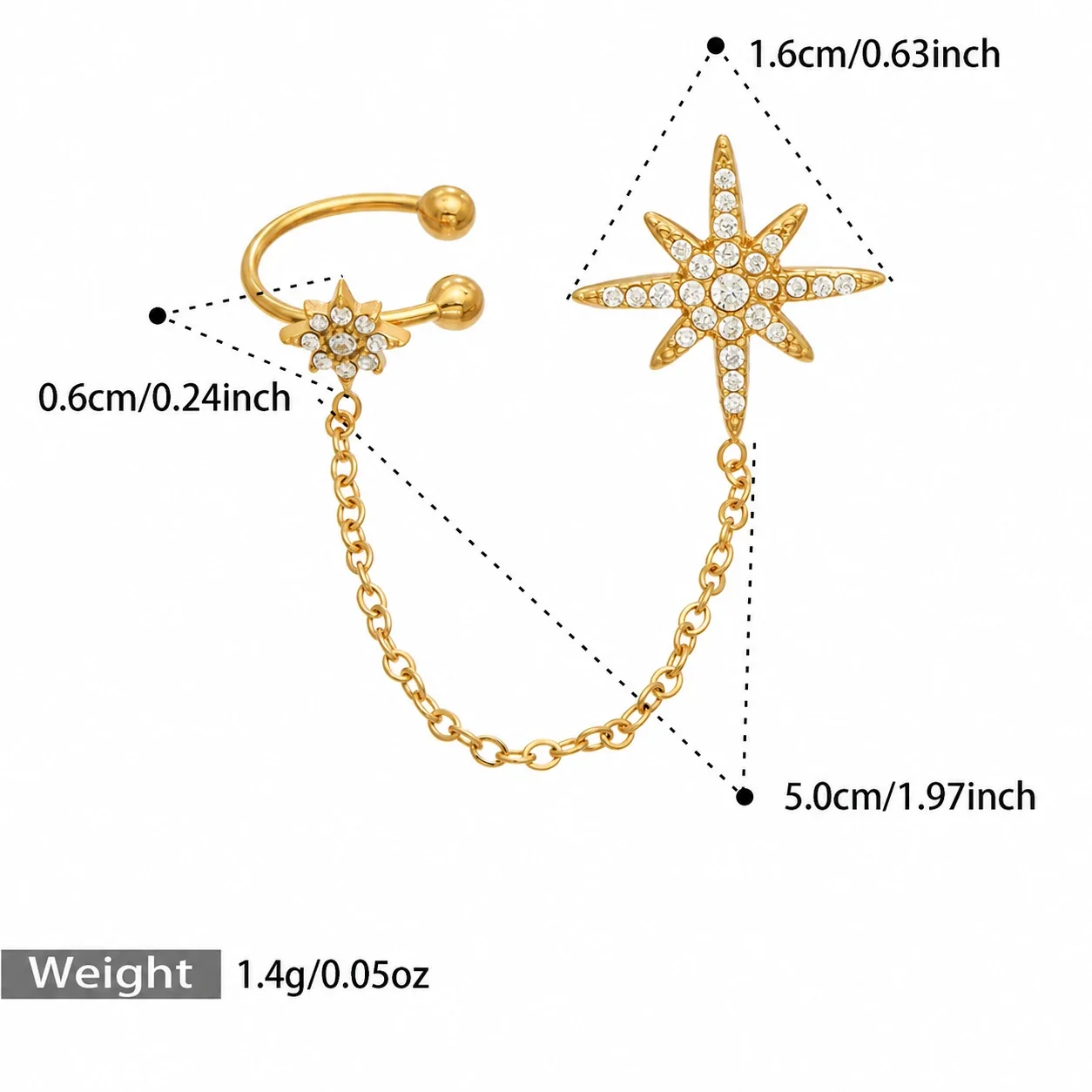Ear cuff met sterstud en ketting, 18K verguld staal productfoto