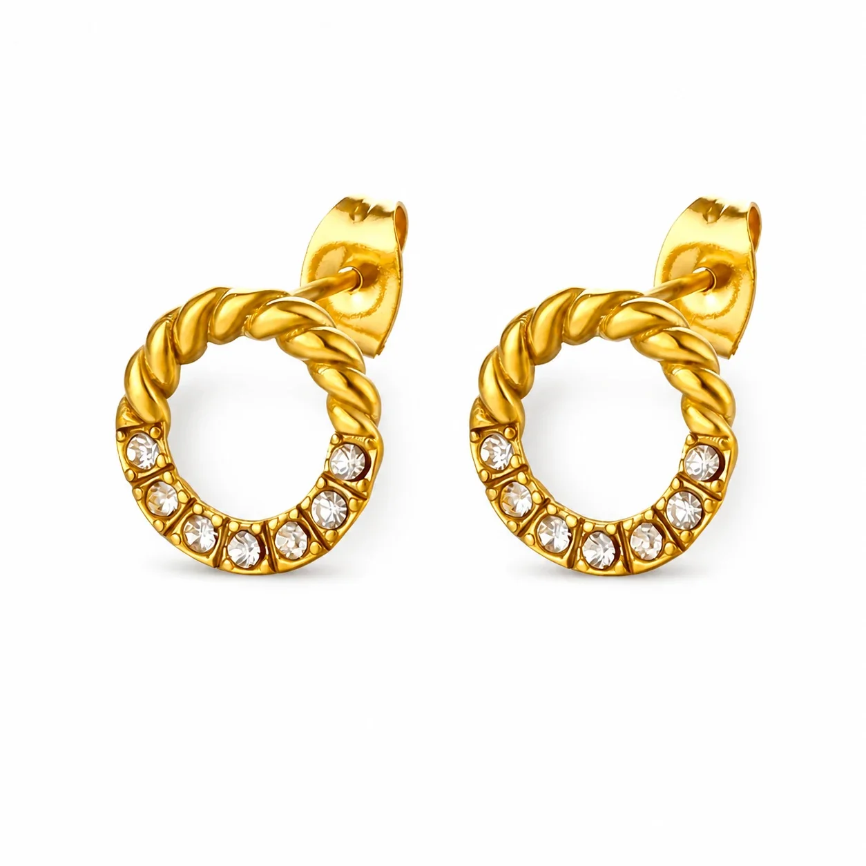 Twisted Crystal Hoop Stud Earrings 316 Stainless Steel Gold PVD