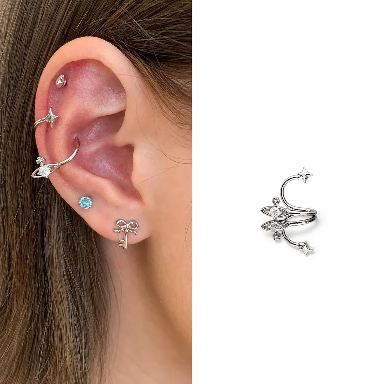 Celestial 316 Stainless Steel Saturn Ear Cuff Set - Silver Saturn S Horseshoe
