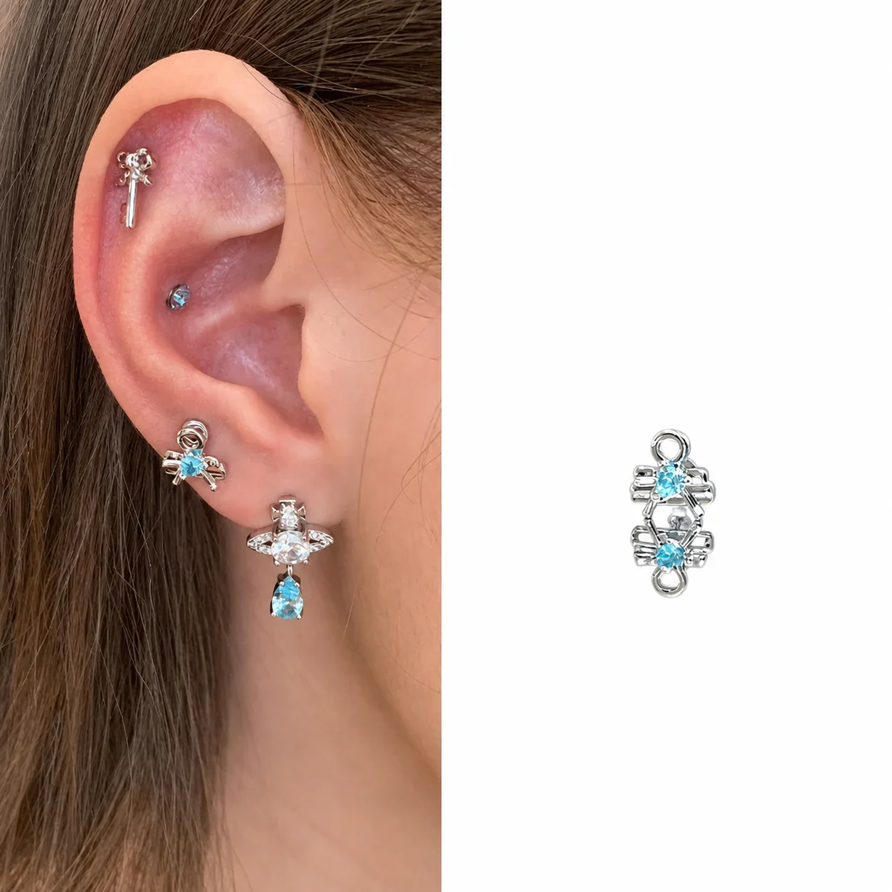 Celestial 316 Stainless Steel Saturn Ear Cuff Set - Blue CZ Clip