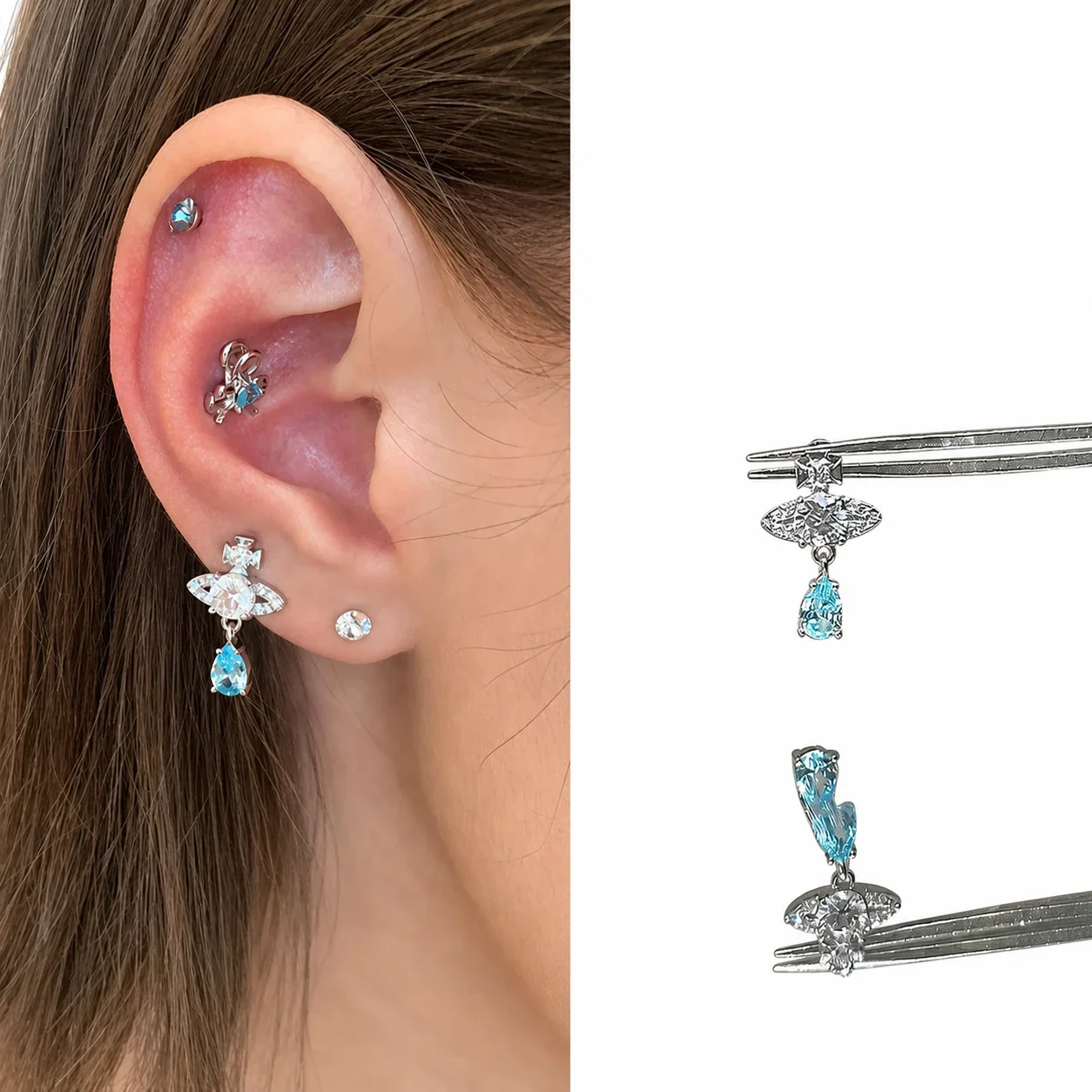 Celestial 316 Stainless Steel Saturn Ear Cuff Set - Blue Teardrop Saturn