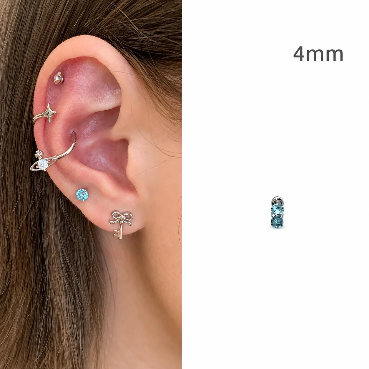Celestial 316 Stainless Steel Saturn Ear Cuff Set - mm Aquamarine CZ Stud