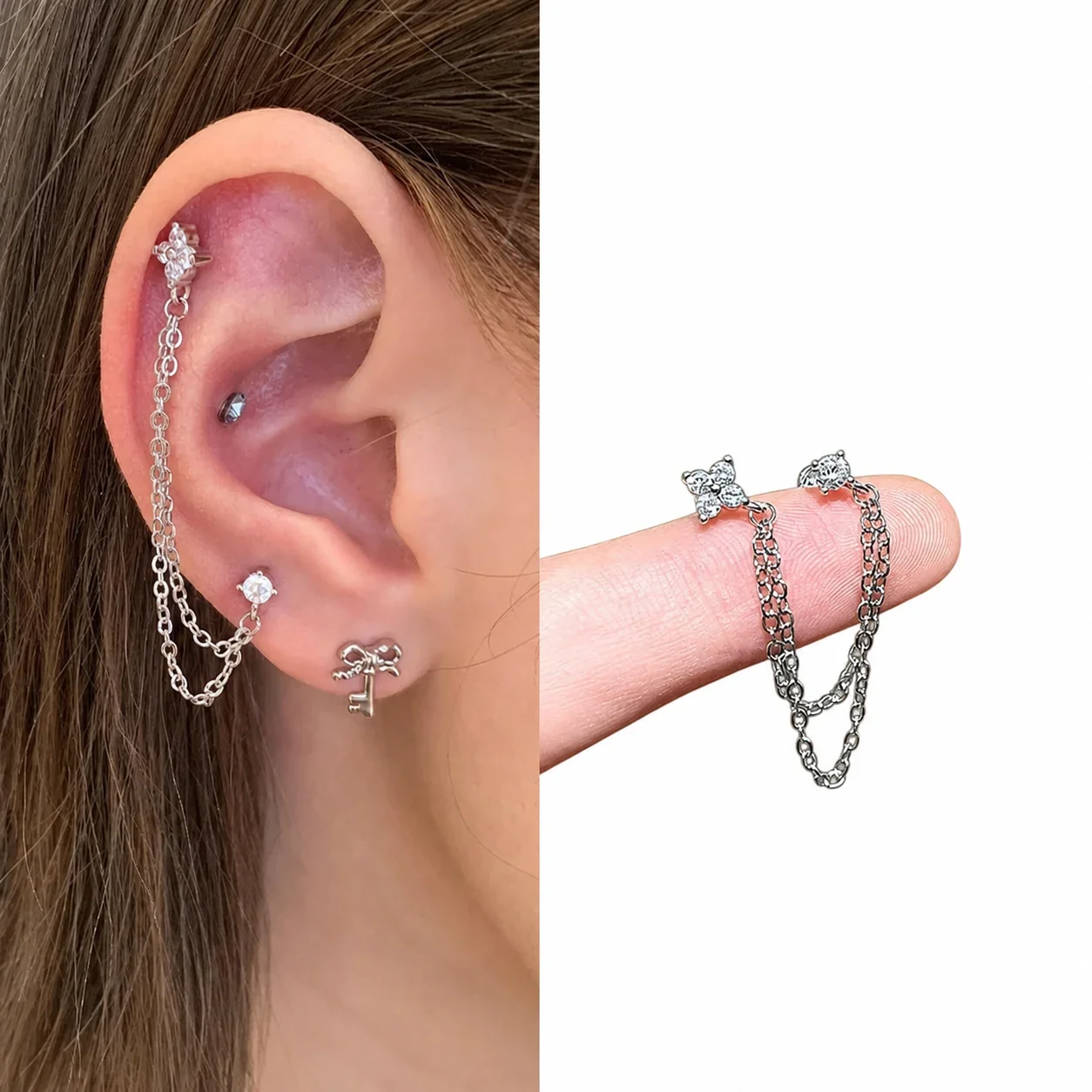 Celestial 316 Stainless Steel Saturn Ear Cuff Set - Double-Piercing Clover Tassel