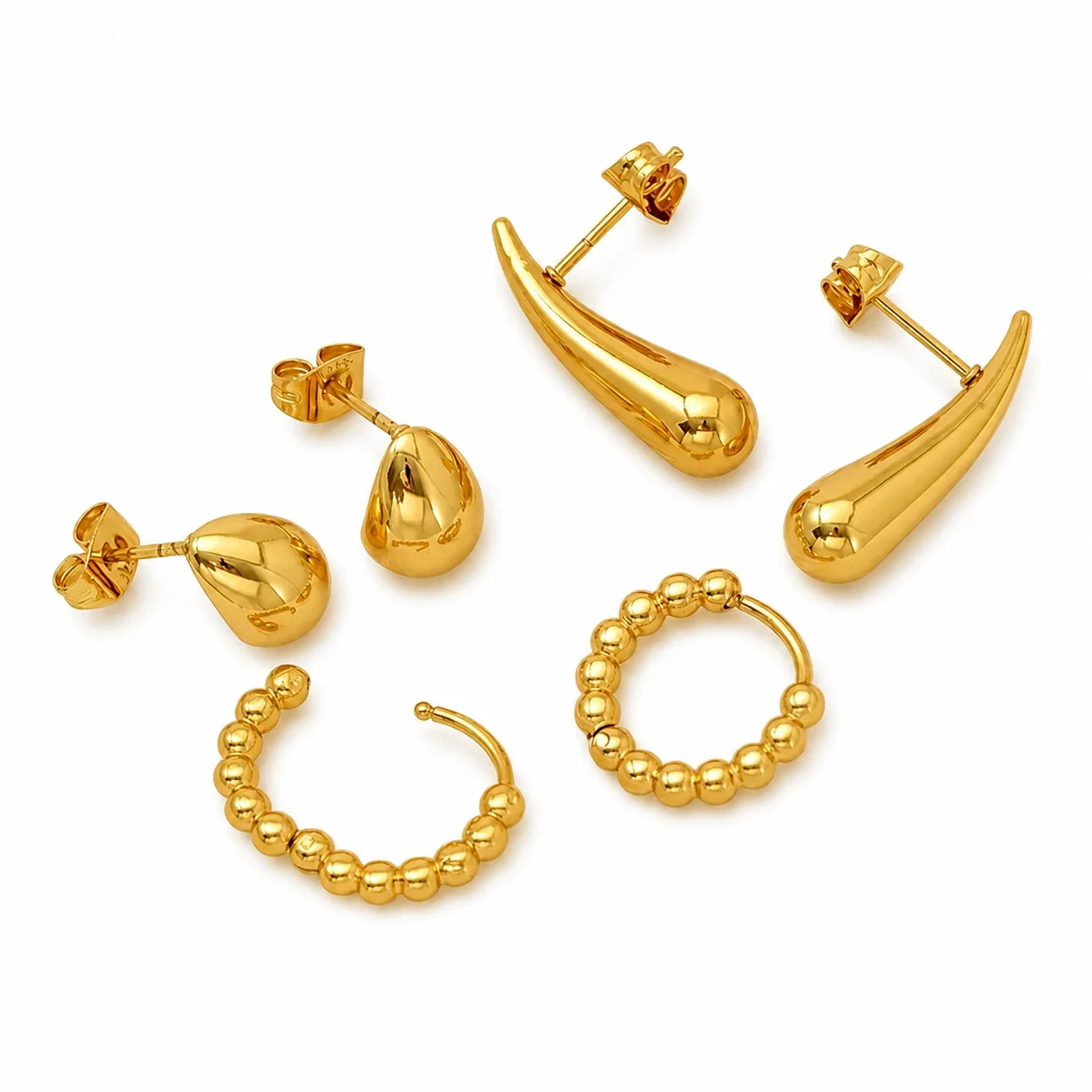 Sculptural Gold-Plated Beaded Hoop Stud Earrings