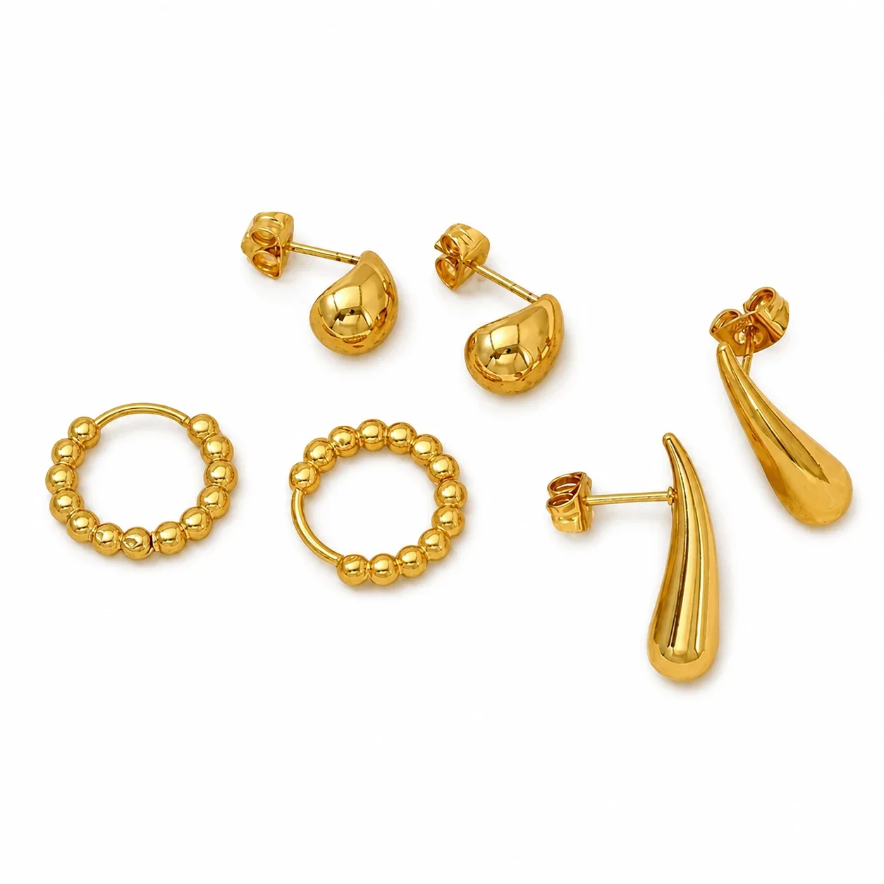 Sculptural Gold-Plated Beaded Hoop Stud Earrings