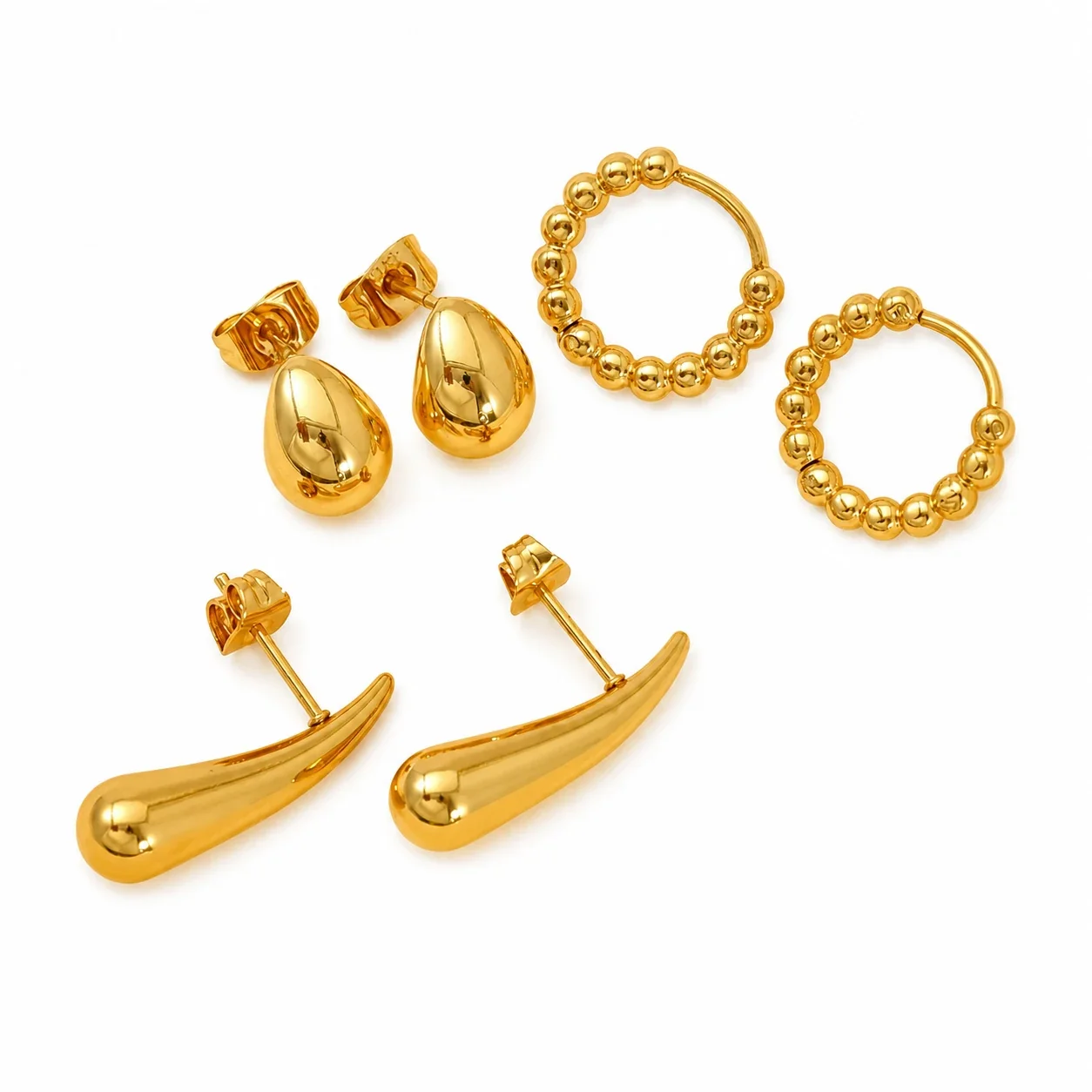Sculptural Gold-Plated Beaded Hoop Stud Earrings