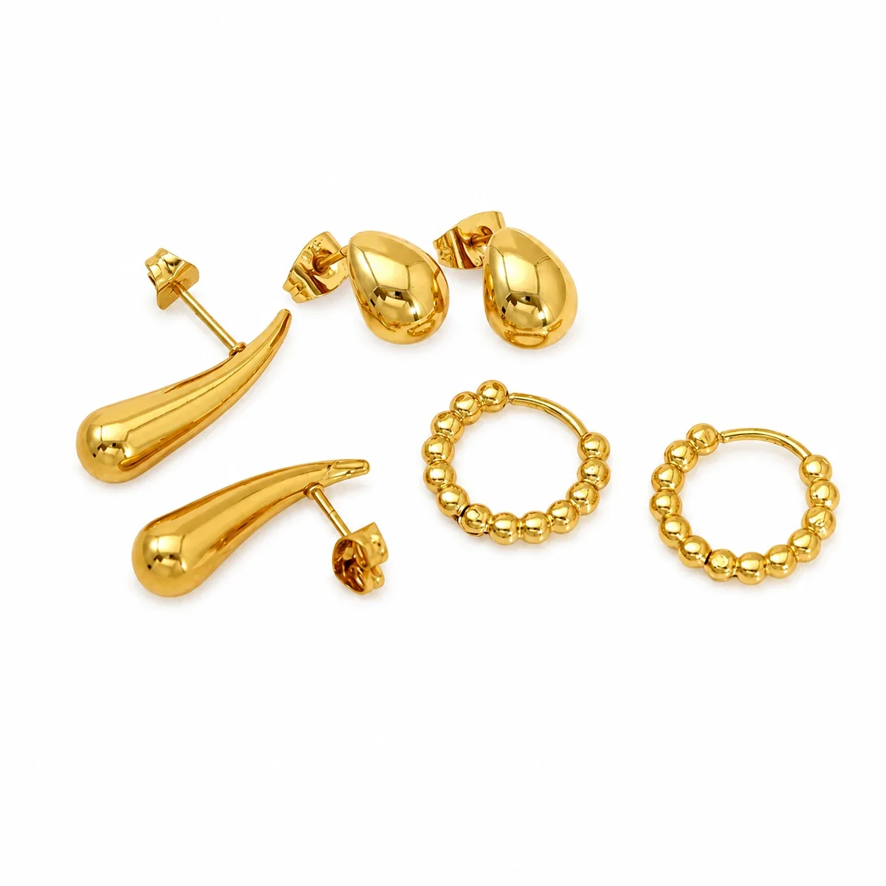 Sculptural Gold-Plated Beaded Hoop Stud Earrings