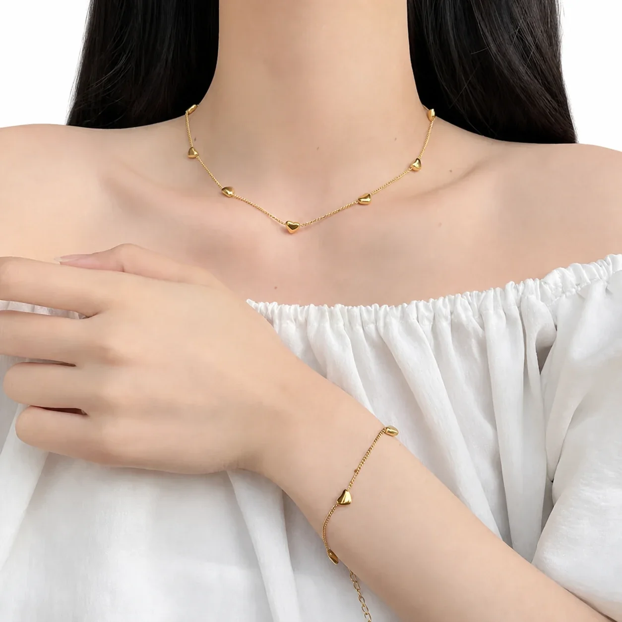 Delicate 18K Gold-Plated Heart Station Chain Necklace