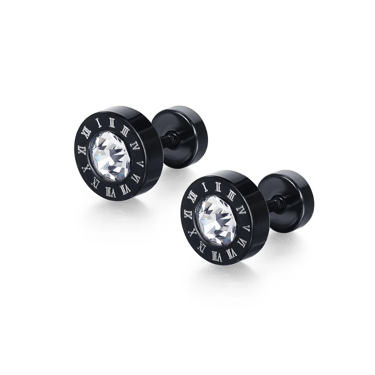 Polished Black-Plated Roman Numeral Crystal Stud Earrings