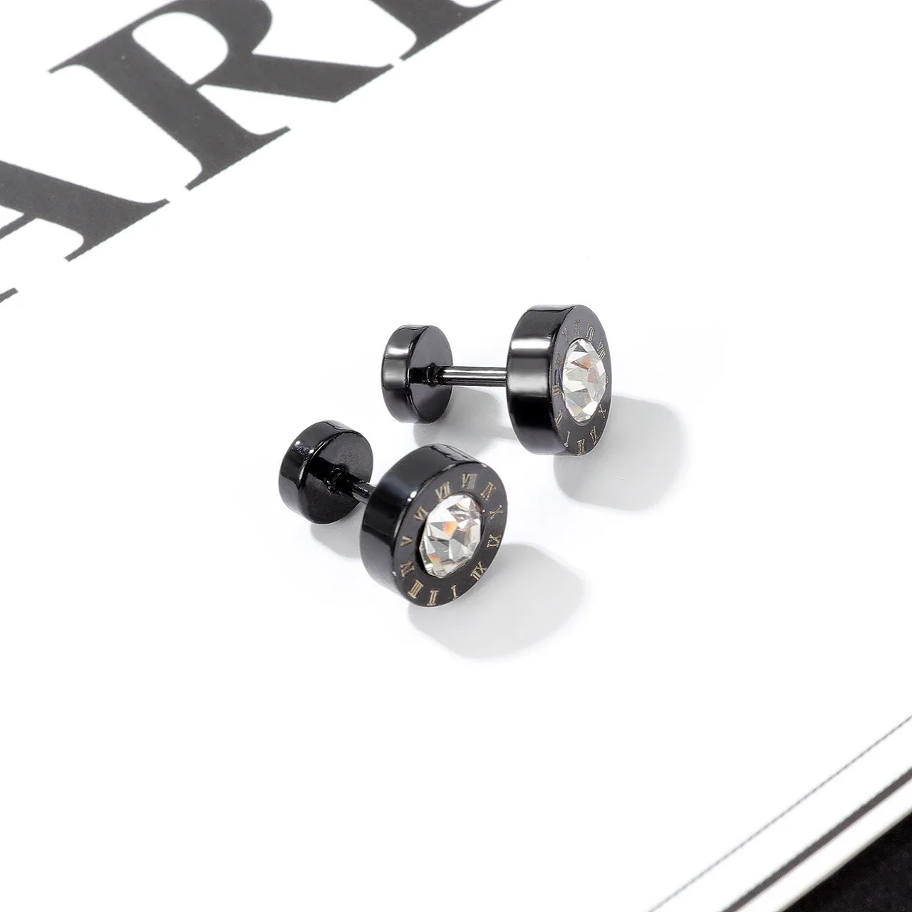 Polished Black-Plated Roman Numeral Crystal Stud Earrings